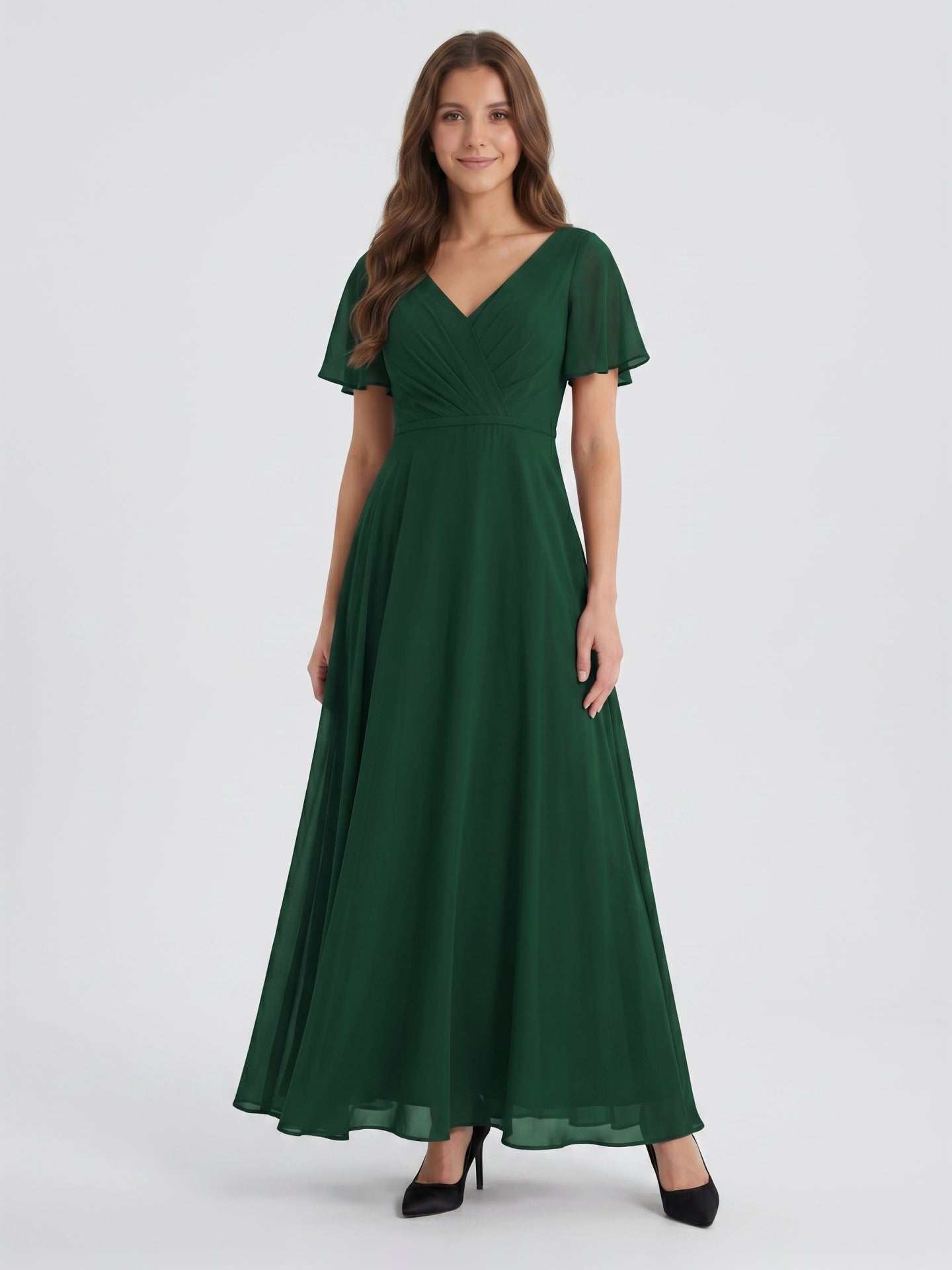 Forest Green Chiffon A-Line V-Neck V-Back Floor-Length Bridesmaid Dress - Curvevia