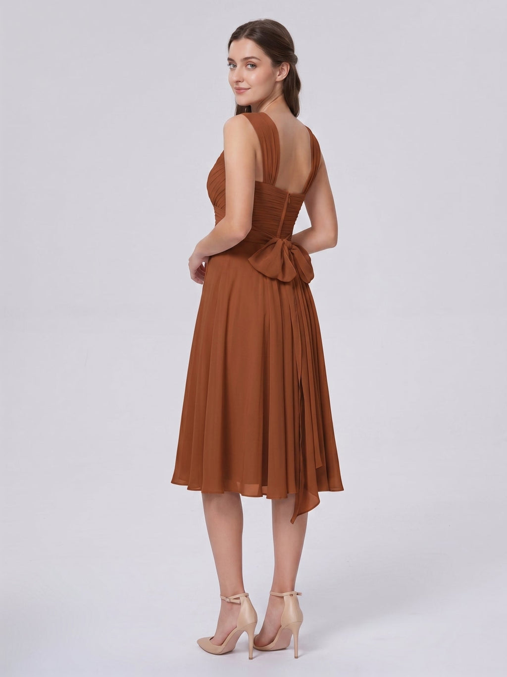Terracotta Chiffon A-Line V-Neck Backless Knee-Length Bridesmaid Dress with Bow - Curvevia