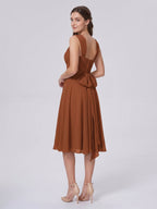 Terracotta Chiffon A-Line V-Neck Backless Knee-Length Bridesmaid Dress with Bow - Curvevia
