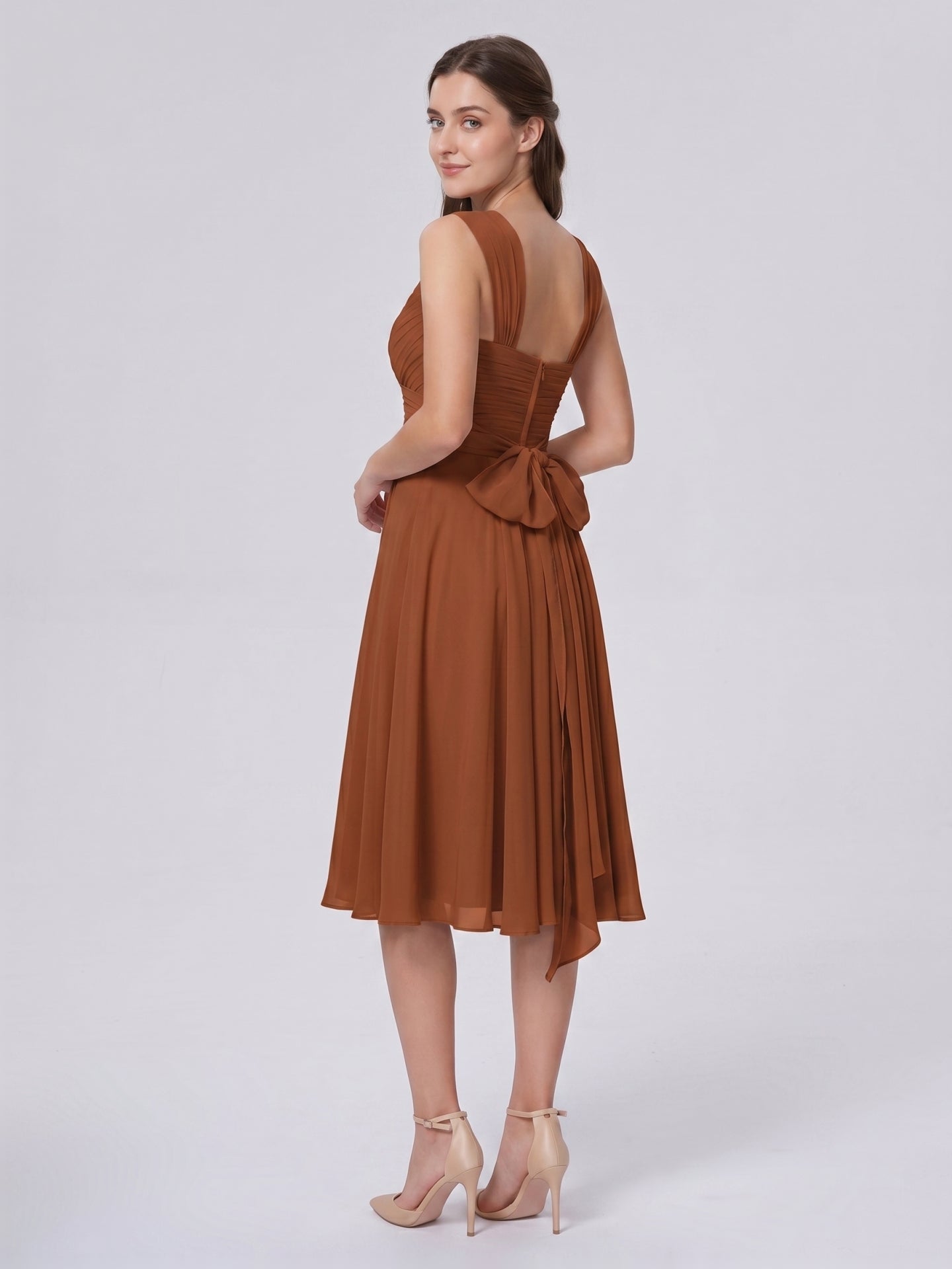 Terracotta Chiffon A-Line V-Neck Backless Knee-Length Bridesmaid Dress with Bow - Curvevia