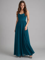 Teal Chiffon A-Line Cowl Neck Backless Floor-Length Pleated Bridesmaid Dress - Curvevia