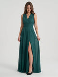 Peacock Chiffon A-Line V-Neck Back Zip Floor-Length Pleated Bridesmaid Dress - Curvevia