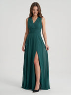 Peacock Chiffon A-Line V-Neck Back Zip Floor-Length Pleated Bridesmaid Dress - Curvevia