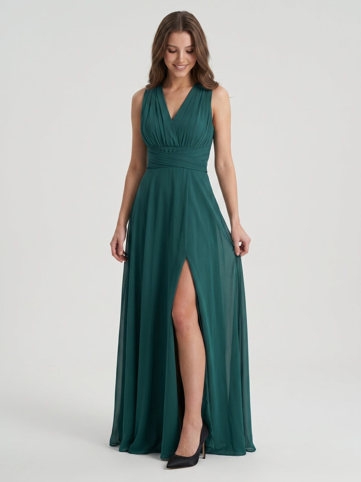 Peacock Chiffon A-Line V-Neck Back Zip Floor-Length Pleated Bridesmaid Dress - Curvevia