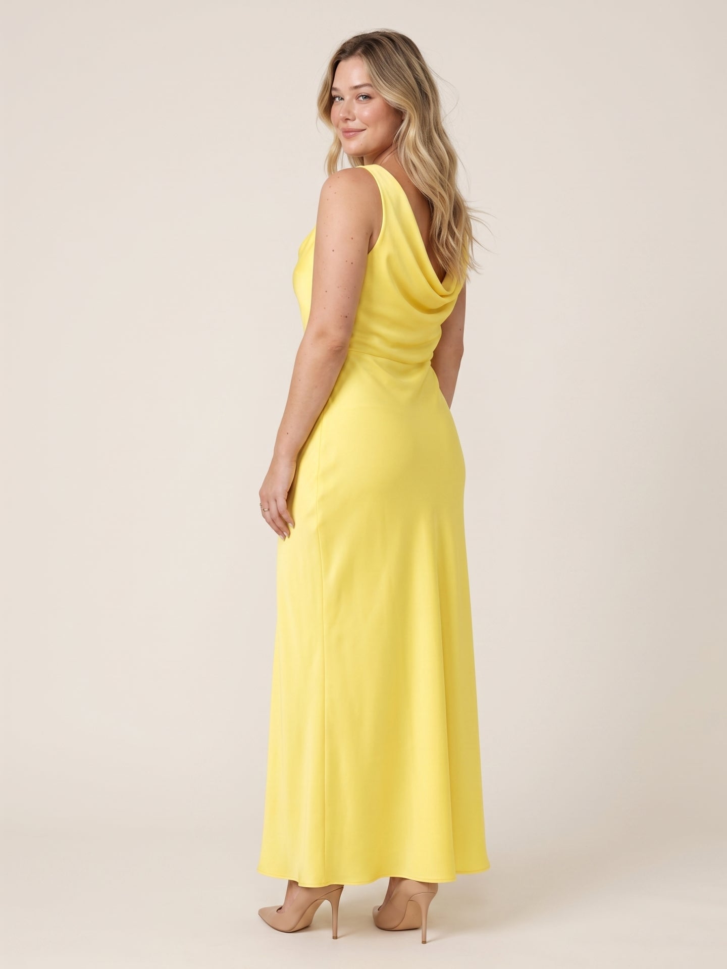 Romantic Lemon Matte Satin A-Line Cowl Neck Backless Ankle-Length Bridesmaid Dress - Curvevia