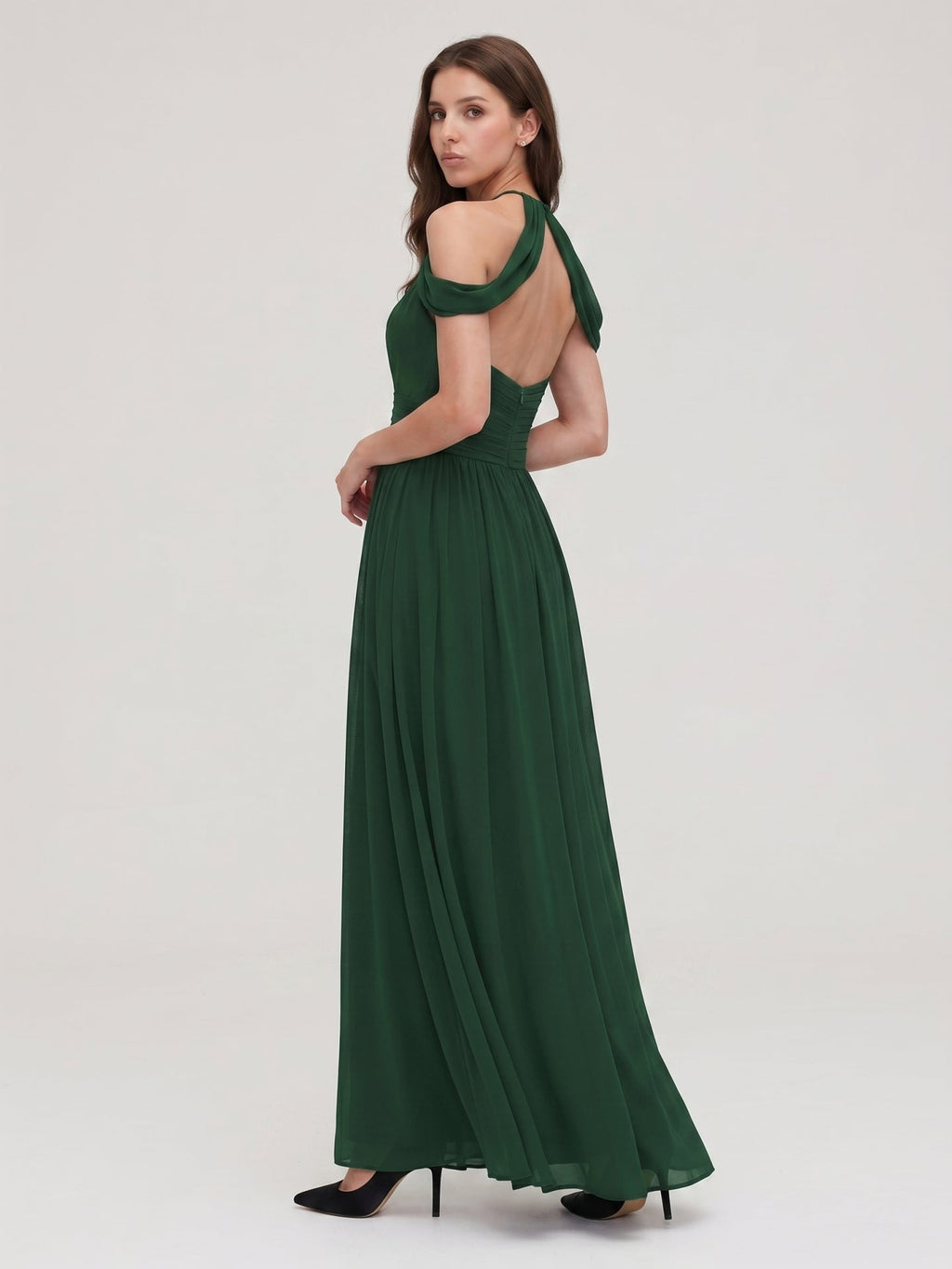 Forest Green Chiffon A-Line Scoop Neck Backless Floor-Length Pleated Bridesmaid Dress - Curvevia