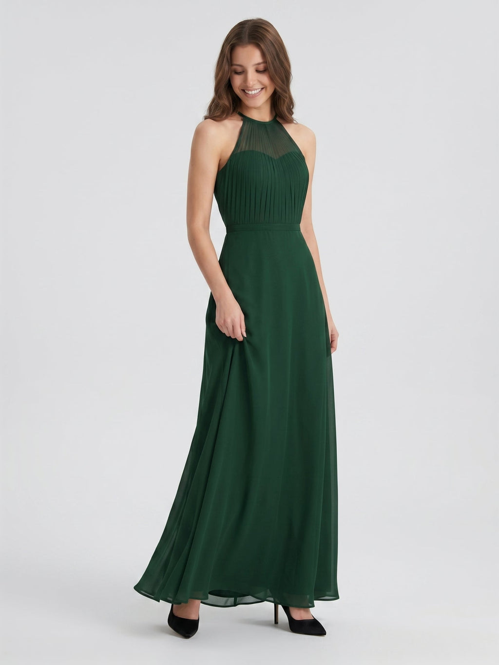 Forest Green Chiffon A-Line Halter Back Zip Floor-Length Bridesmaid Dress - Curvevia