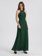 Forest Green Chiffon A-Line Halter Back Zip Floor-Length Bridesmaid Dress - Curvevia