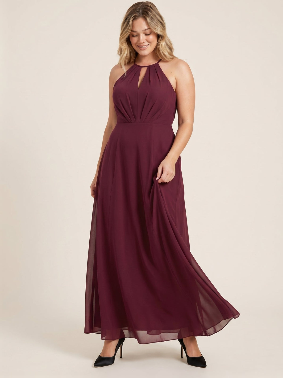 Sweet & Flowy Cabernet Chiffon A-Line Halter neckline Ankle-Length Plus Size Bridesmaid Dress - Curvevia