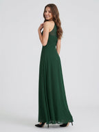 Forest Green Chiffon A-Line Halter Back Zip Floor-Length Bridesmaid Dress - Curvevia