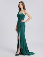 Peacock Satin Sheath One Shoulder Backless Floor-Length Pleated Bridesmaid Dress - Curvevia