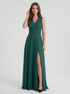 Peacock Chiffon A-Line V-Neck Back Zip Floor-Length Pleated Bridesmaid Dress - Curvevia