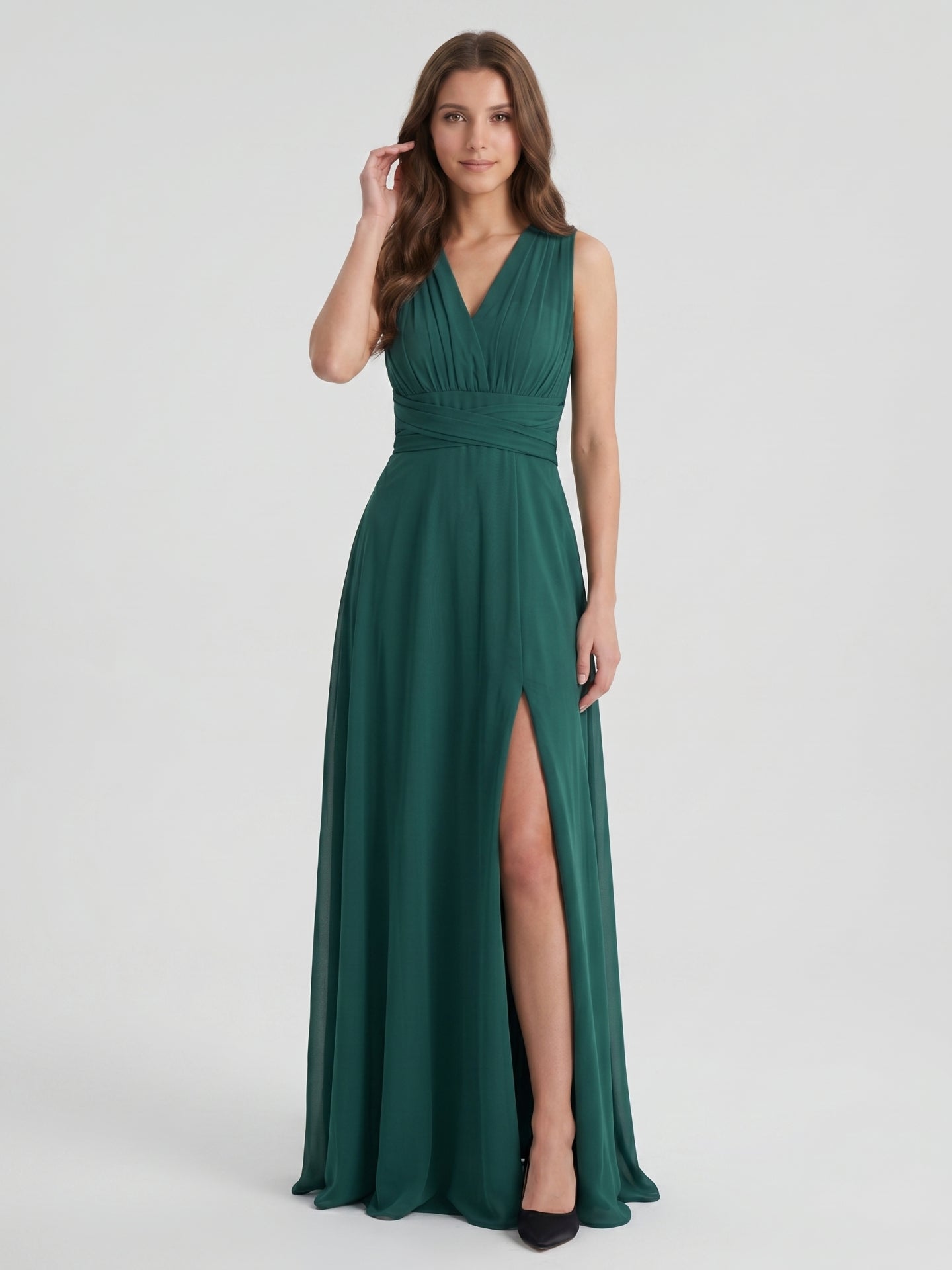 Peacock Chiffon A-Line V-Neck Back Zip Floor-Length Pleated Bridesmaid Dress - Curvevia