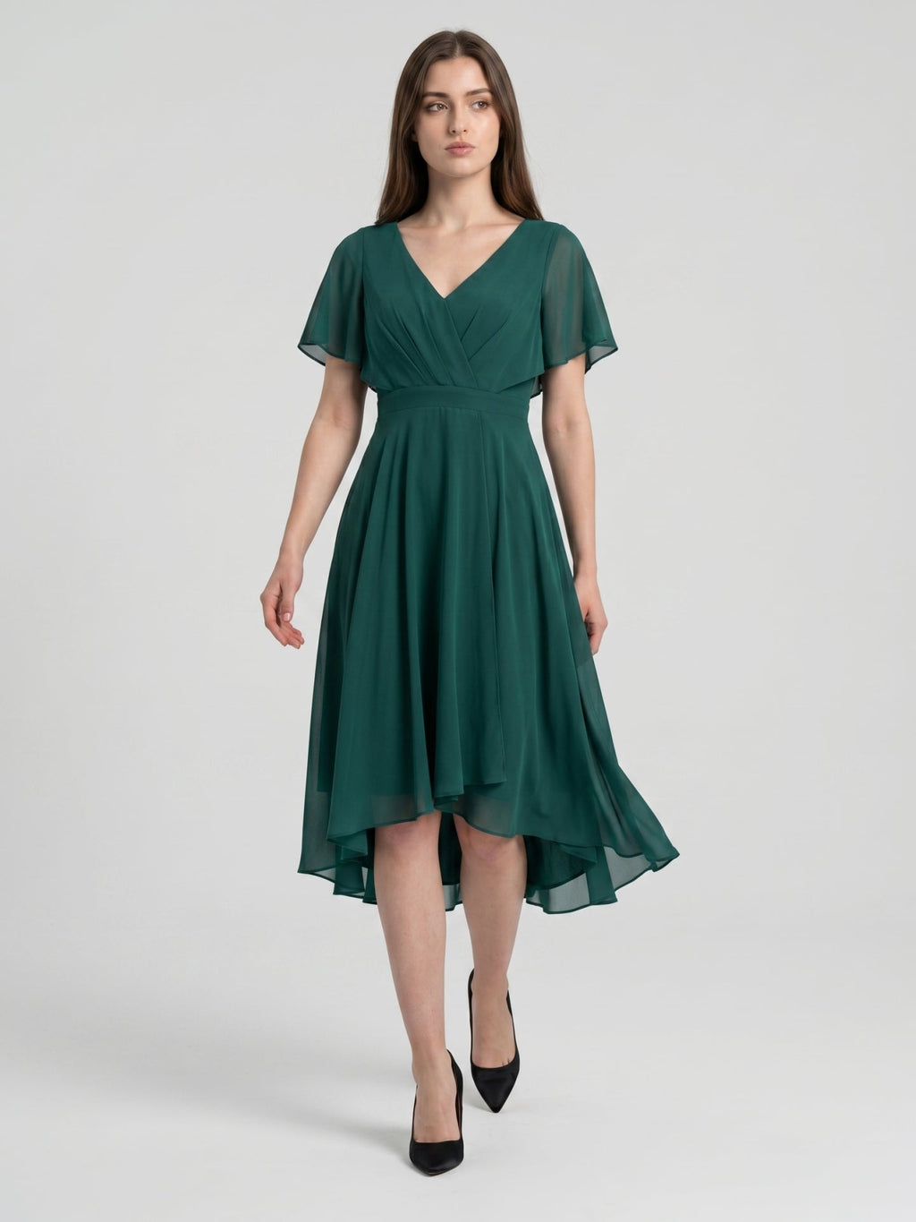 Peacock Chiffon A-Line V-Neck Back Zip Asymmetrical Pleated Bridesmaid Dress - Curvevia