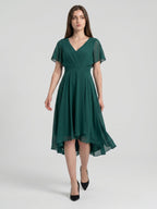Peacock Chiffon A-Line V-Neck Back Zip Asymmetrical Pleated Bridesmaid Dress - Curvevia