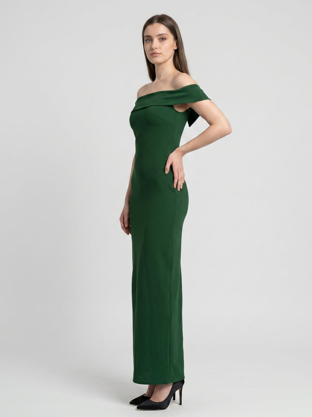 Emerald Stretch Knit Mermaid Off-the-Shoulder Backless Floor-Length Bridesmaid Dress - Curvevia