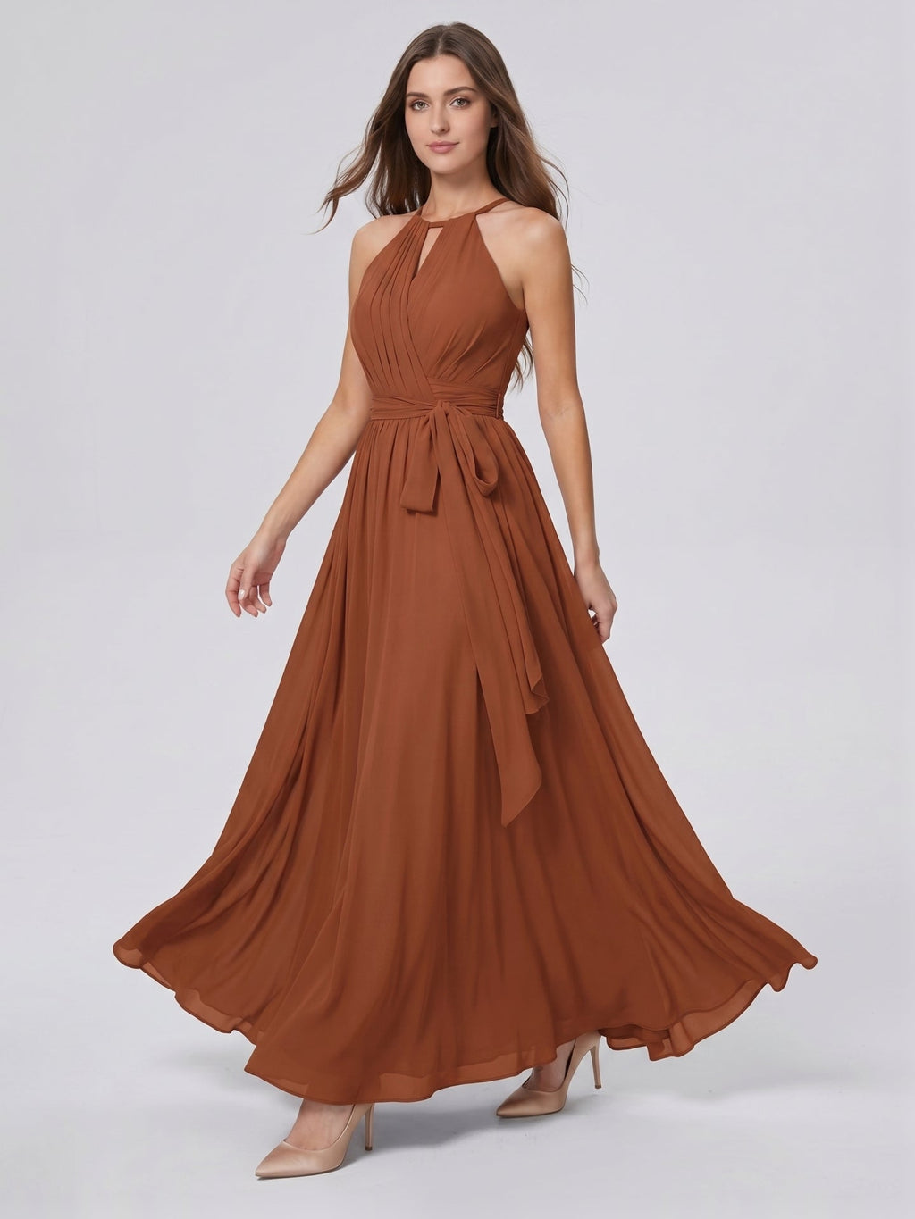 Terracotta Chiffon A-Line Halter Bow Back Floor-Length Bridesmaid Dress with Bow - Curvevia