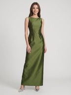 Olive Green Satin Column Straight Neck V-Back Floor-Length Bridesmaid Dress with Pockets - Curvevia