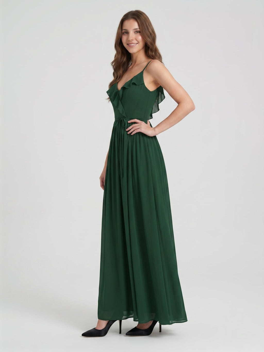 Forest Green Chiffon A-Line V-Neck V-Back Floor-Length Ruffle Bridesmaid Dress - Curvevia