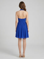 Elegant Royal Blue Chiffon A-Line Halter neckline Backless Knee-Length Bridesmaid Dress - Curvevia