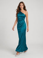 Elegant Teal Satin column One Shoulder Backless Ankle-Length Bridesmaid Dress - Curvevia