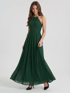 Forest Green Chiffon A-Line Halter Back Zip Floor-Length Ruffle Bridesmaid Dress - Curvevia