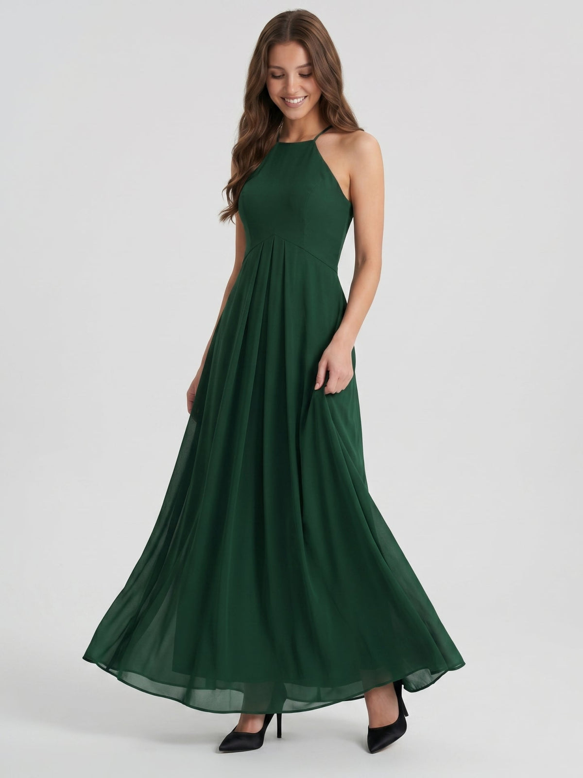 Forest Green Chiffon A-Line Halter Back Zip Floor-Length Ruffle Bridesmaid Dress - Curvevia