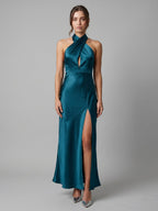 Teal Satin Sheath Halter Lace-Up Back Ankle-Length Bridesmaid Dress - Curvevia