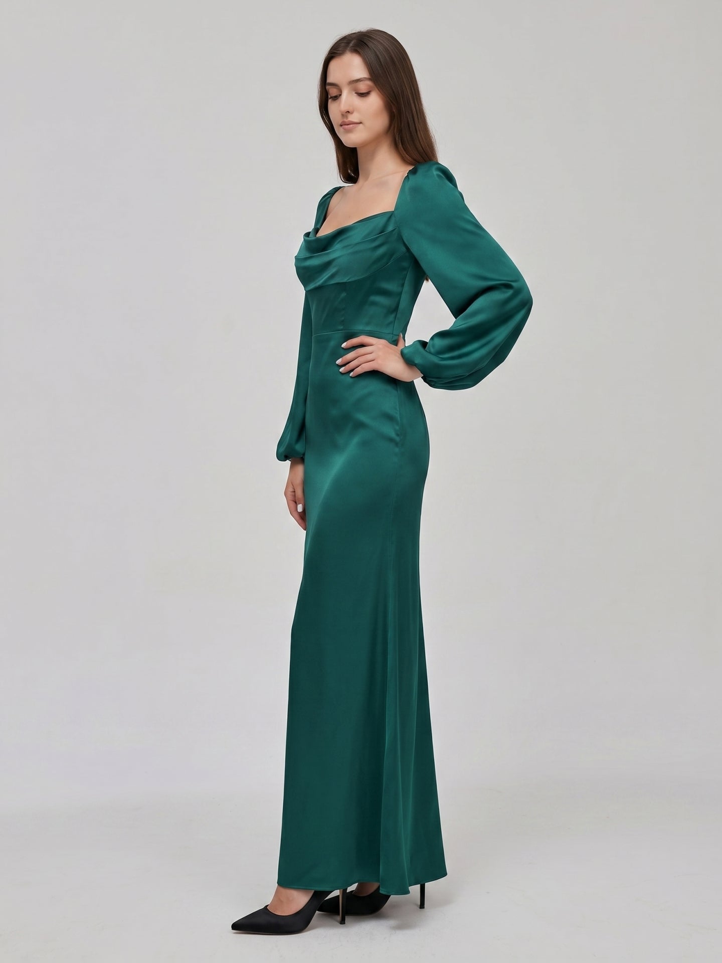 Peacock Satin Sheath Cowl Neck Back Zip Floor-Length Bridesmaid Dress - Curvevia