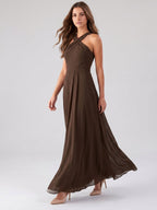 Mocha Chiffon A-Line Halter Backless Floor-Length Bridesmaid Dress with Pockets - Curvevia