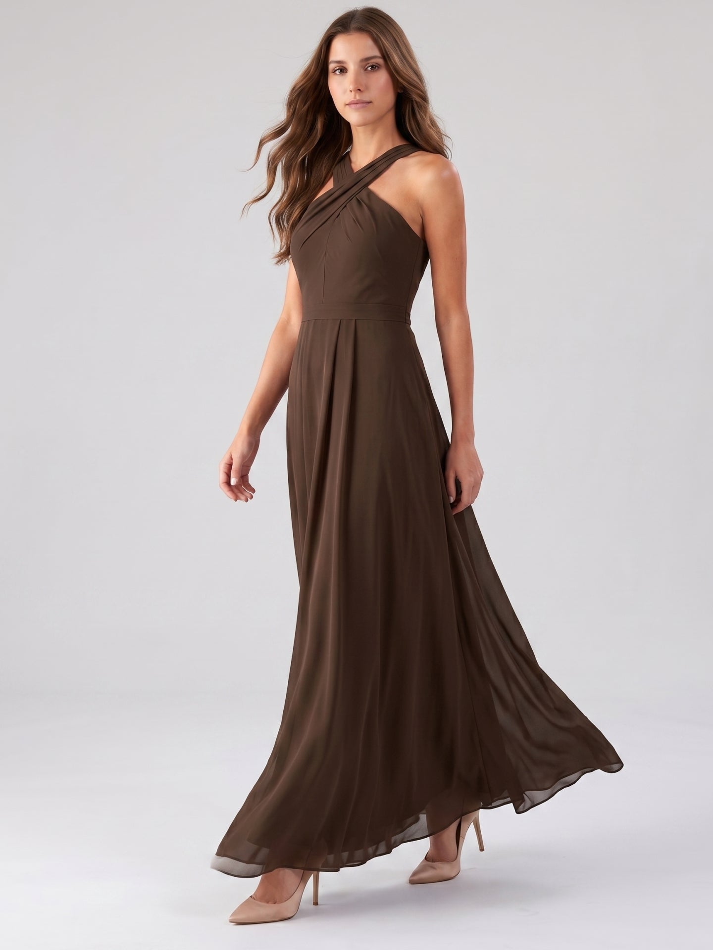 Mocha Chiffon A-Line Halter Backless Floor-Length Bridesmaid Dress with Pockets - Curvevia