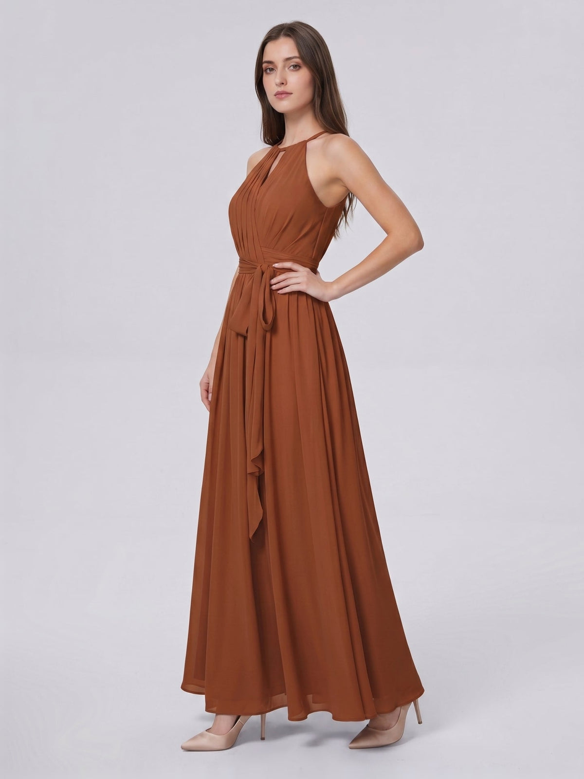 Terracotta Chiffon A-Line Halter Bow Back Floor-Length Bridesmaid Dress with Bow - Curvevia