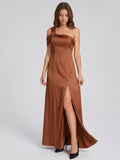 Terracotta Satin Column One Shoulder Backless Floor-Length Bridesmaid Dress - Curvevia