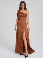 Terracotta Satin Column One Shoulder Backless Floor-Length Bridesmaid Dress - Curvevia