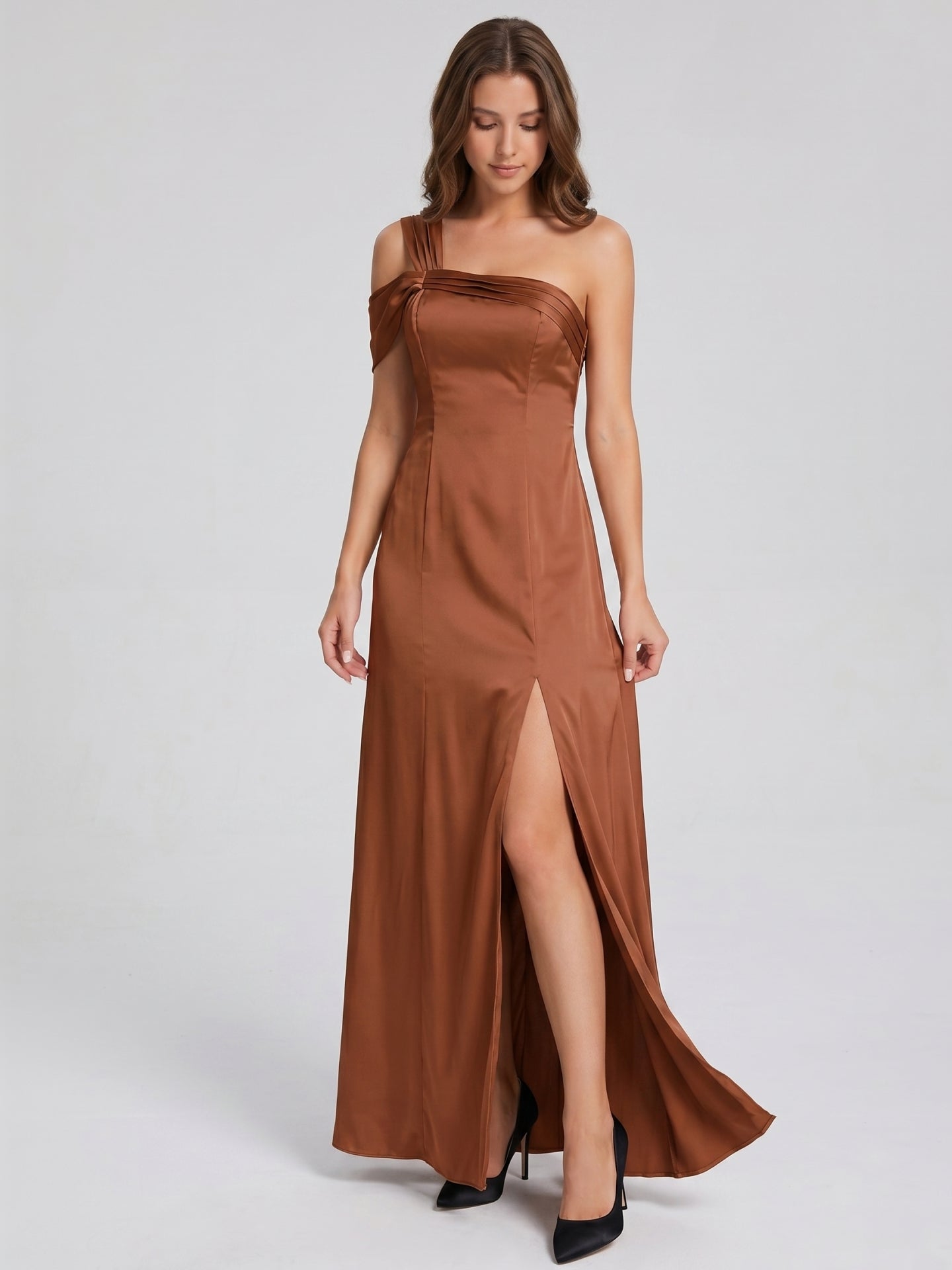 Terracotta Satin Column One Shoulder Backless Floor-Length Bridesmaid Dress - Curvevia