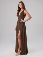 Mocha Chiffon A-Line V-Neck V-Back Floor-Length Pleated Bridesmaid Dress - Curvevia
