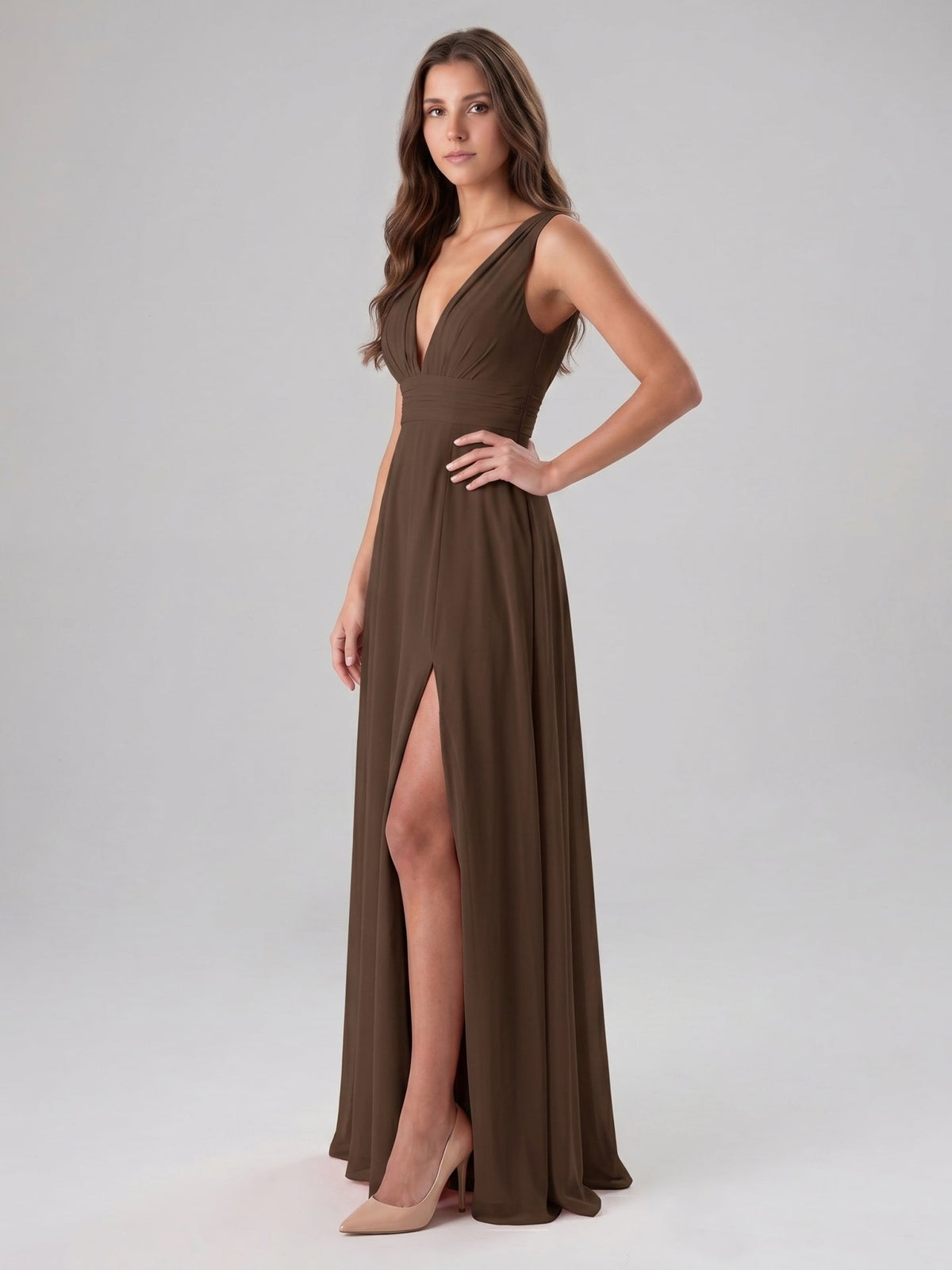 Mocha Chiffon A-Line V-Neck V-Back Floor-Length Pleated Bridesmaid Dress - Curvevia