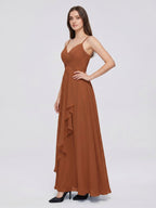Terracotta Chiffon A-Line V-Neck Backless Floor-Length Pleated Bridesmaid Dress - Curvevia