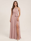 Coquette Dusty Rose Chiffon A-Line Halter neckline Back Zip Ankle-Length Bridesmaid Dress - Curvevia