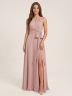 Coquette Dusty Rose Chiffon A-Line Halter neckline Back Zip Ankle-Length Bridesmaid Dress - Curvevia