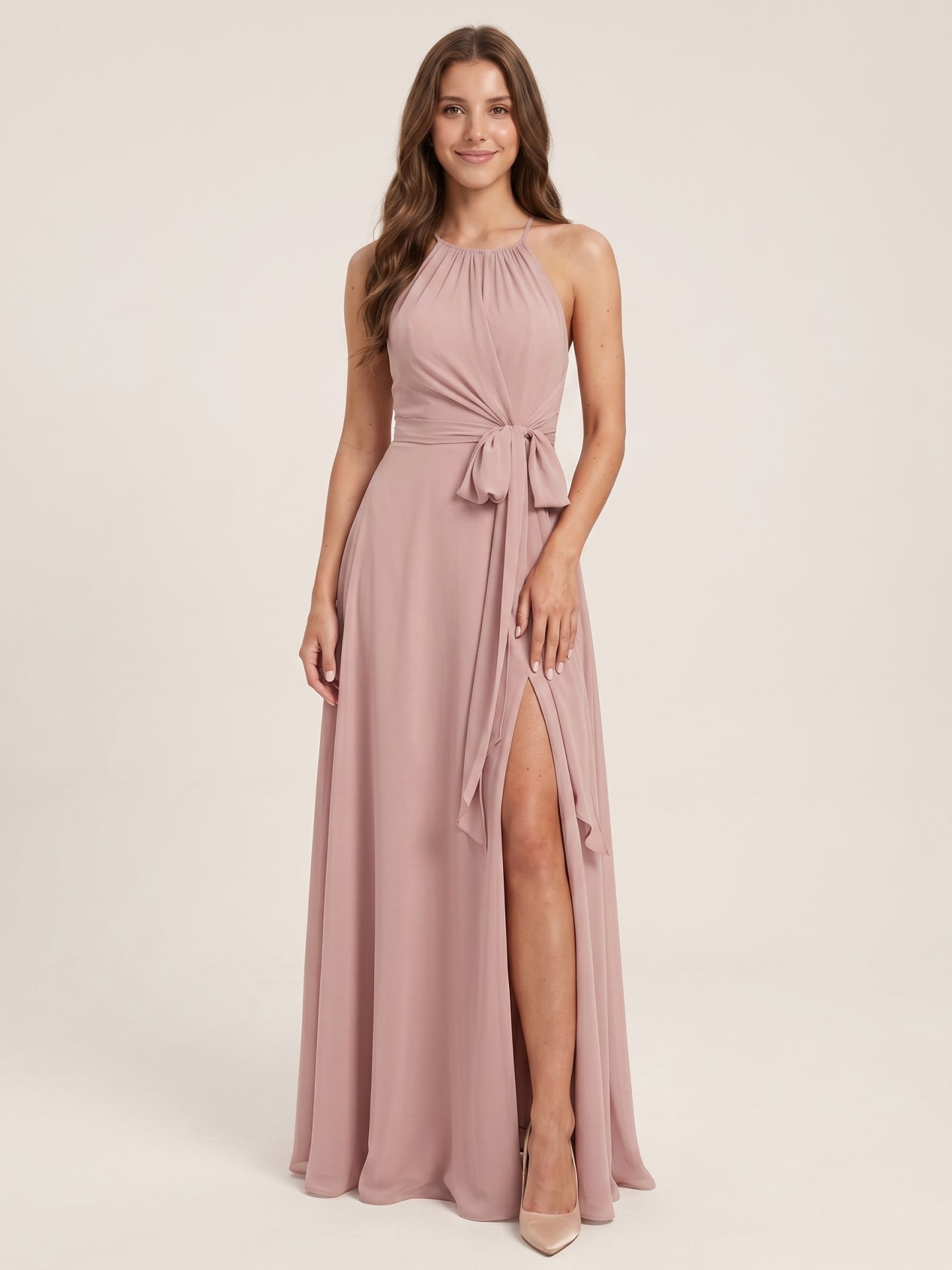 Coquette Dusty Rose Chiffon A-Line Halter neckline Back Zip Ankle-Length Bridesmaid Dress - Curvevia