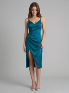 Teal Satin Sheath V-Neck Backless Asymmetrical Pleated Bridesmaid Dress - Curvevia