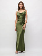 Olive Green Satin Mermaid Cowl Neck Backless Floor-Length Pleated Bridesmaid Dress - Curvevia