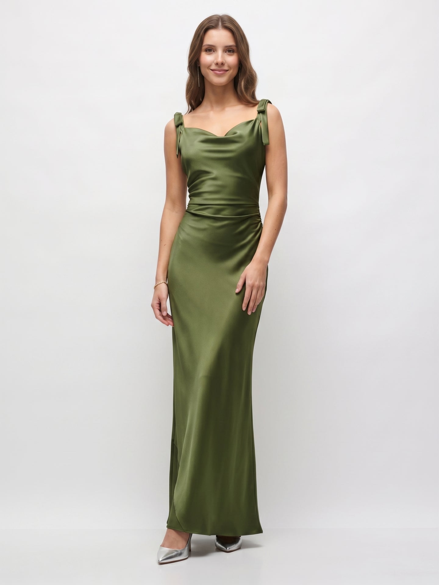 Olive Green Satin Mermaid Cowl Neck Backless Floor-Length Pleated Bridesmaid Dress - Curvevia