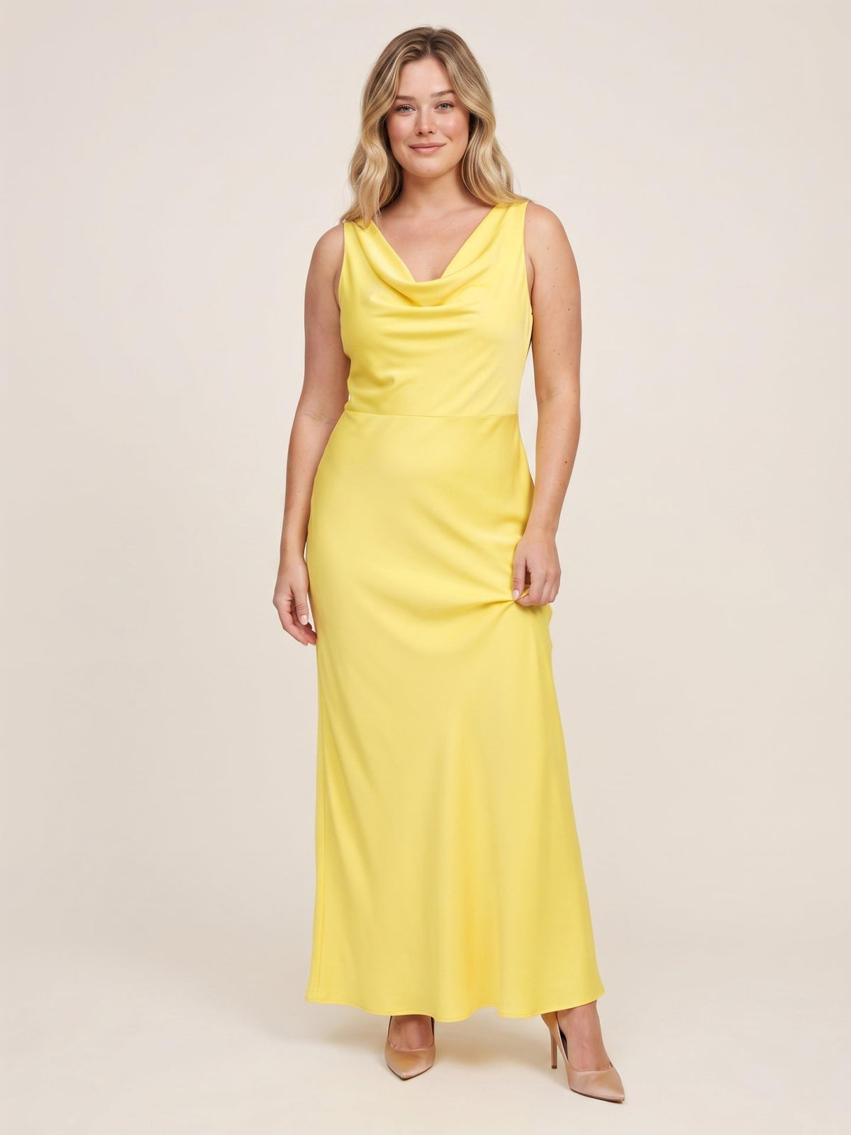 Romantic Lemon Matte Satin A-Line Cowl Neck Backless Ankle-Length Bridesmaid Dress - Curvevia