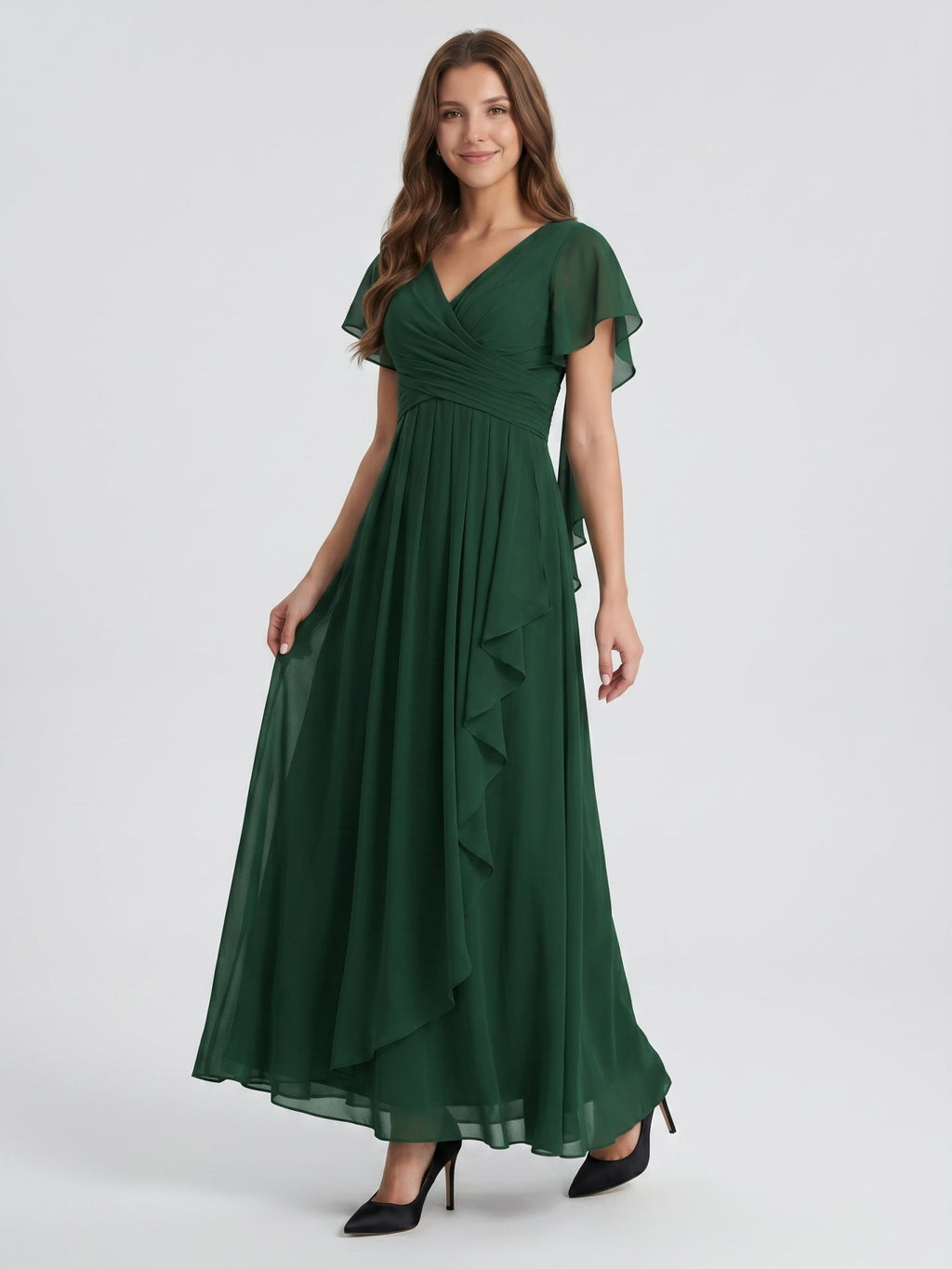 Forest Green Chiffon A-Line V-Neck Backless Floor-Length Ruffle Bridesmaid Dress - Curvevia