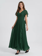 Forest Green Chiffon A-Line V-Neck Backless Floor-Length Ruffle Bridesmaid Dress - Curvevia