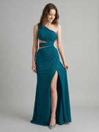 Teal Stretch Knit Mermaid One Shoulder Backless Floor-Length Pleated Bridesmaid Dress - Curvevia