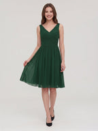 Forest Green Chiffon A-Line V-Neck V-Back Knee-Length Pleated Bridesmaid Dress - Curvevia