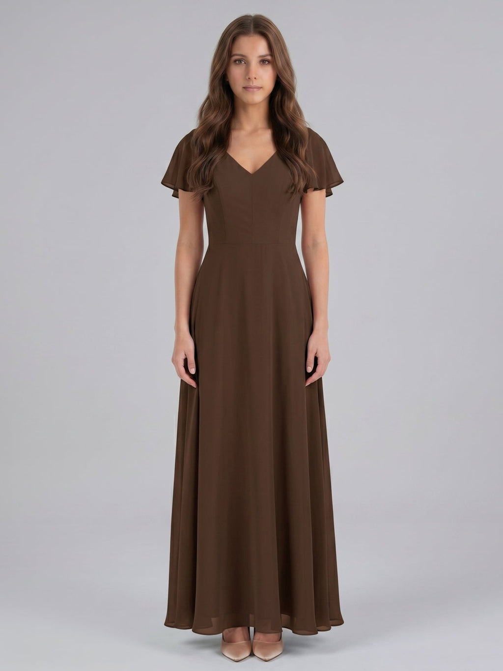 Mocha Chiffon A-Line V-Neck Keyhole Back Floor-Length Bridesmaid Dress - Curvevia